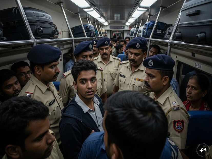 এর মাঝে হঠাৎ করেই ওই AC- কোচে হুড়মুড়িয়ে উঠতে শুরু করল RPF-CIB৷ ঘটনার আকস্মিকতায় রীতিমতো ভয় পেয়ে যান অনেকে৷ তবে, মুখ বিশেষ করে ফ্যাকাসে হয়ে যায় এক যুবকের৷ আর RPF-CIB-ও তার সিটের সামনেই এসে দাঁড়ায়৷ Generated image