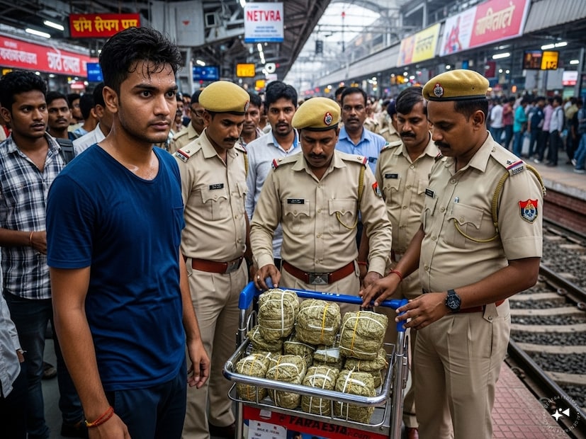 যুবকের কপাল দিয়ে তখন দর দর করে ঘাম ছুটছে৷ RPF যুবকের তল্লাশি নিতে শুরু করলেই সহযাত্রীদের কাছে স্পষ্ট হয়ে যায় সবকিছু৷ তাঁর ট্রলি থেকে বেরিয়ে আসে ১৪ প্যাকেট গাঁজা৷ Generated image