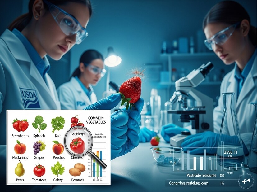 U.S. Department of Agriculture and the Food and Drug Administration-এর তরফে চালানো একটি সমীক্ষা চালানো হয়। ৪৬ রকম বিভিন্ন ফল ও সবজির ৪৬০০০ নমুনা সংগ্রহ করে পরীক্ষা করা হয়। দেখা যায়, এমন ১২ টি ফল ও সবজি রয়েছে, যাদের মধ্যে কীটনাশকের পরিমাণ সবচাইতে বেশি।Image Generated By AI