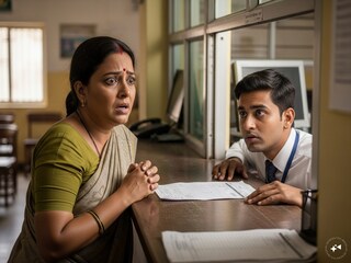 ব্যাঙ্ক ক্যাশিয়ারের কাছে মহিলা উপভোক্তা। ছবিঃ এআই। 