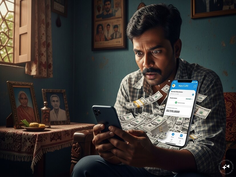 দীপক জানান, তাঁর মায়ের মোবাইল সিমটি অনেক দিন ধরে বন্ধ ছিল। সম্প্রতি, সিম রিচার্জ করার পর, যখন তিনি NAVI UPI অ্যাপে লগ ইন করেন, তখন দেখেন সেখানে এত বিশাল পরিমাণ টাকা আসতে শুরু করে যে তিনি নিজেই হতবাক হয়ে যান। Generated image