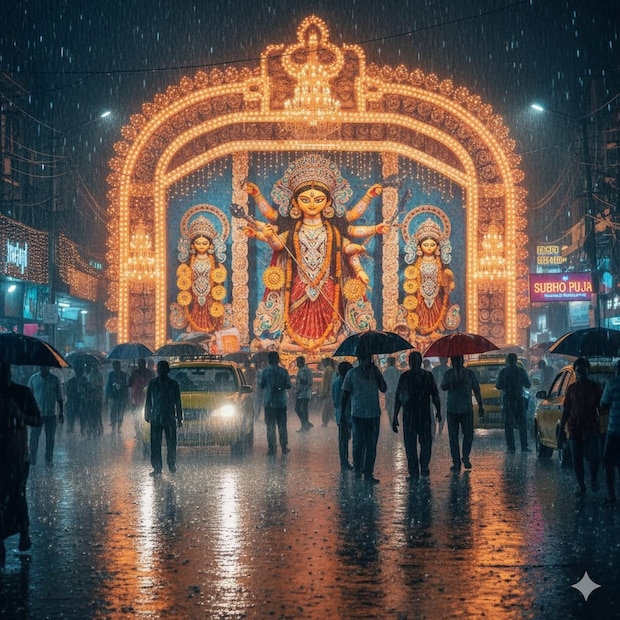 মধ্য বঙ্গোপসাগরের নিম্নচাপ আজ, শুক্রবার উত্তর-পশ্চিম বঙ্গোপসাগরে গভীর নিম্নচাপে পরিণত হবে। এটি দক্ষিণ ওড়িশা ও অন্ধ্রপ্রদেশ উপকূলে স্থলভাগে প্রবেশ করবে শনিবার। এর প্রভাবে শনিবার পঞ্চমীতে মেঘলা আকাশ দিনভর থাকবে এবং কয়েক পশলা বৃষ্টি হবে। বিক্ষিপ্তভাবে ভারী বৃষ্টি হবে উপকূলের জেলাতে। এদিকে অষ্টমীতে আরও একটি ঘূর্ণাবর্ত হতে পারে বঙ্গোপসাগরে!! নবমীর রাত থেকেই কি তাহলে ভাসবে বাংলা ? (Photo: AI)