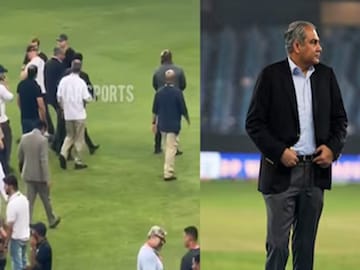 Mohsin Naqvi exits (left) the venue following India's boycott. (Screengrab/AP)