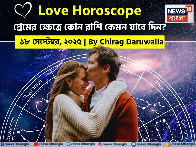 এই দিনের প্রেমের শক্তি আবেগগত স্পষ্টতা এবং গভীর আত্মদর্শনের উপর কেন্দ্রীভূত। মেষ, মীন এবং কুম্ভ রাশির জাতক জাতিকাদের আবেগগত বিভ্রান্তি এবং অনিশ্চয়তার মুখোমুখি হতে হবে। স্পষ্ট যোগাযোগ ভুল বোঝাবুঝি দূর করবে এবং স্বস্তি দেবে। নিউজ18 বাংলার জন্য কলম ধরলেন প্রখ্যাত দূরদর্শী জ্যোতিষী চিরাগ দারুওয়ালা, দেখে নেওয়া যাক রাশি মিলিয়ে কার প্রেমজীবন সম্পর্কে বিশদে কী বলছেন তিনি।