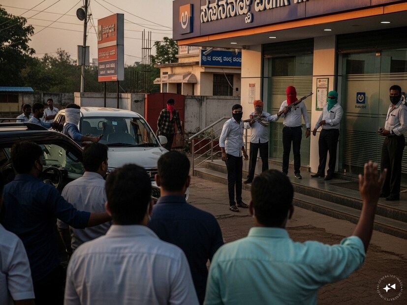 কর্ণাটকের বিজয়াপুরা জেলার ঘটনা৷ SBI ব্যাঙ্কের ব্রাঞ্চেগত মঙ্গলবার সন্ধেবেলা এই ডাকাতির ঘটনাটি ঘটে৷ গাড়ি করে আসে এক দল ডাকাত৷ Generated image
