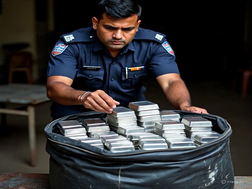 চলন্ত বাস থামিয়ে বাসে উঠে পড়েন চার-পাঁচজনের একটি দল, নিজেদের পুলিশ পরিচয় দিয়ে এক সোনার দোকানের কর্মচারিকে তল্লাশির নামে বাস থেকে নামিয়ে কেড়ে নেওয়া হয় ব&#x200d;্যাগব&#x200d;্যাগের মধ্যে ছিল ১৫ কেজি রুপো৷  Photo Courtesy- Representative (Meta AI)