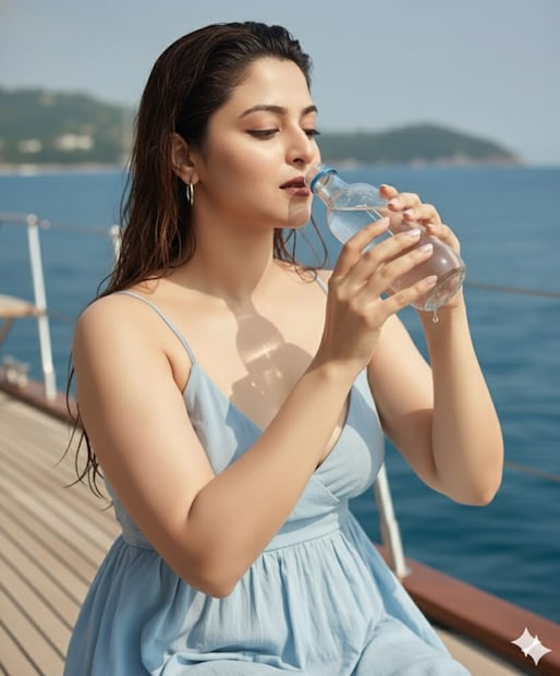 এই দুই মিলিয়েই মোট জলের হিসেব, অতএব, সেই মতো হিসেব করে জল খেতে হবে। তবে, কখনও কখনও শরীরে জলের চাহিদা বেড়ে যেতে পারে, বেশি জল খেতে হতে পারে, যেমন- শারীরিক কার্যকলাপ: বেশি ঘাম হলে শরীর জল টানবেই। এ সব ক্ষেত্রে প্রতি ৩০-৬০ মিনিট মাঝারি ব্যায়ামে ৩৫০-৭০০ মিলি (প্রায় ১-২ কাপ) জল খেতে হবে, তীব্র গরমে আরও বেশি খাওয়া দরকার।গরম বা আর্দ্র আবহাওয়া: স্বাভাবিক ভাবেই ঘাম বেশি হবে; সেই অনুসারে তরল গ্রহণের পরিমাণ বাড়াতে হবে। (Image: AI)