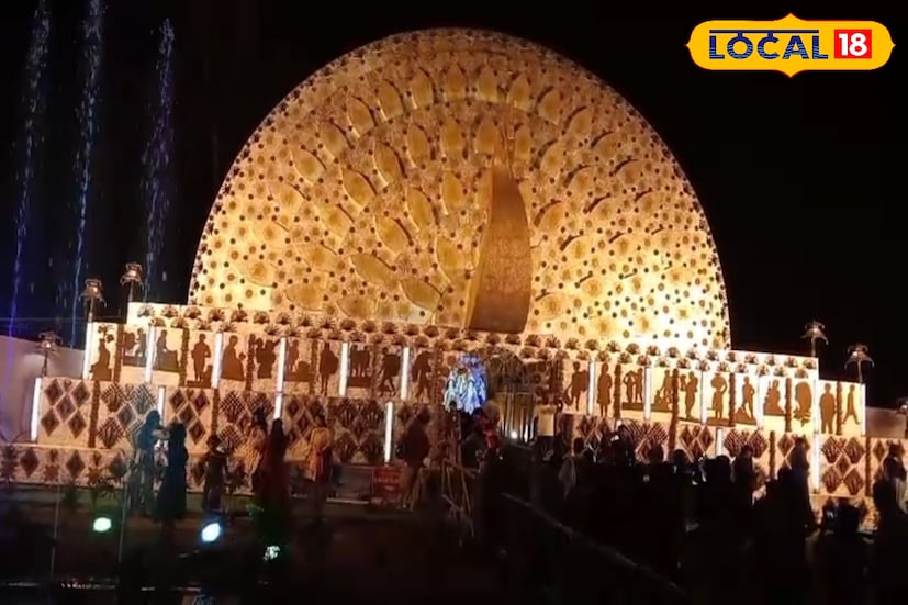 মণ্ডপের দরজায় রয়েছে সুবিশাল ময়ূর পেখম মেলে দাঁড়িয়ে। সেই পেখমের মধ্য দিয়েই মণ্ডপে প্রবেশ করতে হচ্ছে ভিতর মহলে। মণ্ডপের বাইরের বাঁশের সূক্ষ্ম নকশায় ফুটে উঠেছে হারিয়ে যাওয়া ঝুড়ি-শিল্প। সুস্মিতা গোস্বামী 