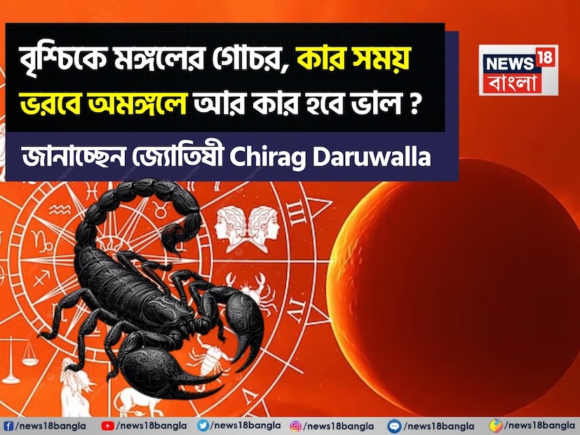 ২৭ অক্টোবর, ২০২৫ তারিখে যখন মঙ্গল বৃশ্চিক রাশিতে প্রবেশ করবেন, তখন তা সমস্ত রাশির জন্য গভীর পরিবর্তন এবং মানসিক শক্তির সময় প্রমাণিত হবে। বৃশ্চিক একটি জলীয় উপাদান এবং স্থির রাশি, যা রহস্য, অন্তর্দৃষ্টি, পরিবর্তন এবং গভীরতার প্রতীক। মঙ্গল বৃশ্চিকের জীবনের লুকানো দিকগুলি বের করে আনবে। গভীর চিন্তাভাবনা, পরিবর্তন এবং আত্মদর্শনের সুযোগ দেবে। কিছু রাশি আর্থিক সুবিধা এবং কেরিয়ারের অগ্রগতি পাবে, আবার কিছু রাশিকে স্বাস্থ্য এবং সম্পর্কের দিকে মনোনিবেশ করতে হবে। বিখ্যাত জ্যোতিষী চিরাগ দারুওয়ালার কাছ থেকে জেনে নেওয়া যাক বৃশ্চিক রাশিতে মঙ্গল গোচরের প্রভাব কোন রাশিতে কীভাবে পড়বে। ২৭ অক্টোবর, ২০২৫ তারিখে যখন মঙ্গল বৃশ্চিক রাশিতে প্রবেশ করবেন, তখন তা সমস্ত রাশির জন্য গভীর পরিবর্তন এবং মানসিক শক্তির সময় প্রমাণিত হবে। বৃশ্চিক একটি জলীয় উপাদান এবং স্থির রাশি, যা রহস্য, অন্তর্দৃষ্টি, পরিবর্তন এবং গভীরতার প্রতীক। মঙ্গল বৃশ্চিকের জীবনের লুকানো দিকগুলি বের করে আনবে। গভীর চিন্তাভাবনা, পরিবর্তন এবং আত্মদর্শনের সুযোগ দেবে। কিছু রাশি আর্থিক সুবিধা এবং কেরিয়ারের অগ্রগতি পাবে, আবার কিছু রাশিকে স্বাস্থ্য এবং সম্পর্কের দিকে মনোনিবেশ করতে হবে। বিখ্যাত জ্যোতিষী চিরাগ দারুওয়ালার কাছ থেকে জেনে নেওয়া যাক বৃশ্চিক রাশিতে মঙ্গল গোচরের প্রভাব কোন রাশিতে কীভাবে পড়বে।