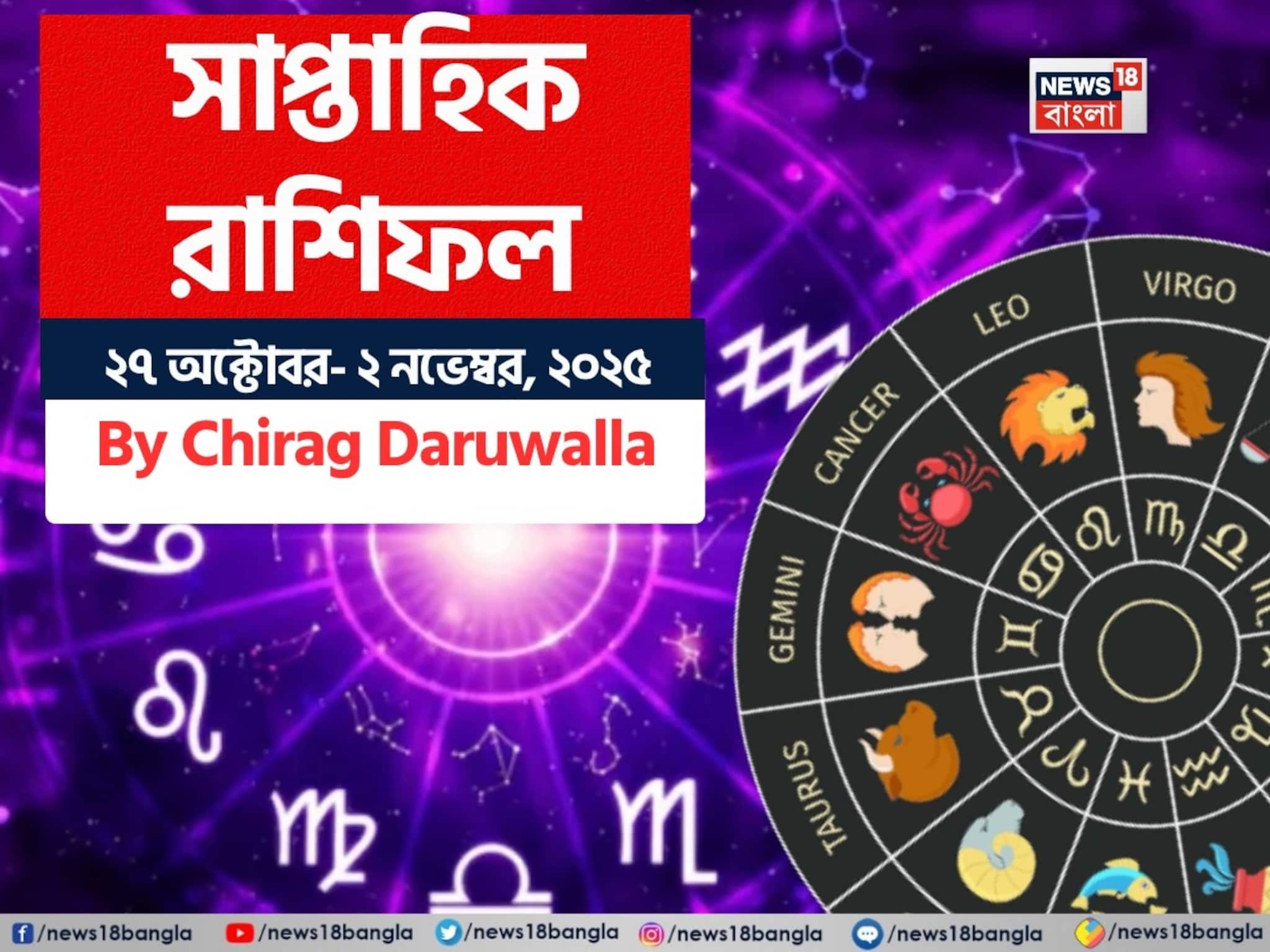 Weekly Horoscope: সাপ্তাহিক রাশিফল ২৭ অক্টোবর- ২ নভেম্বর, ২০২৫: দেখে নিন এই সপ্তাহ নিয়ে কী জানাচ্ছেন জ্যোতিষী চিরাগ দারুওয়ালা