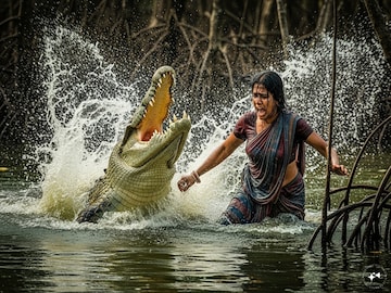 গাছটাকে কোনওমতে জড়িয়ে ধরে...কুমিরের সঙ্গে ১ ঘণ্টা লড়াই গৃহবধূর! কাঁকড়া ধরতে গিয়ে এ কী কাণ্ড! শুনলে গায়ে কাঁটা দেবে   Image AI