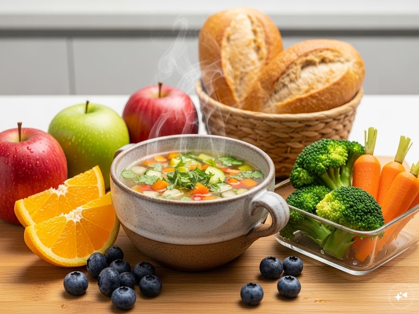 ২. হালকা এবং ফাইবার সমৃদ্ধ খাবার---উদ্ভিজ্জ স্যুপ, ফল, গোটা শস্য এবং ভাপে সেদ্ধ শাকসবজি সিস্টেমকে পুনরায় সেট করতে সাহায্য করে। আপেল, ওটস বা গাজরের দ্রবণীয় ফাইবার স্বাস্থ্যকর অন্ত্রের ব্যাকটেরিয়া এবং প্রাকৃতিকভাবে ছন্দ পুনরুদ্ধার করে। 