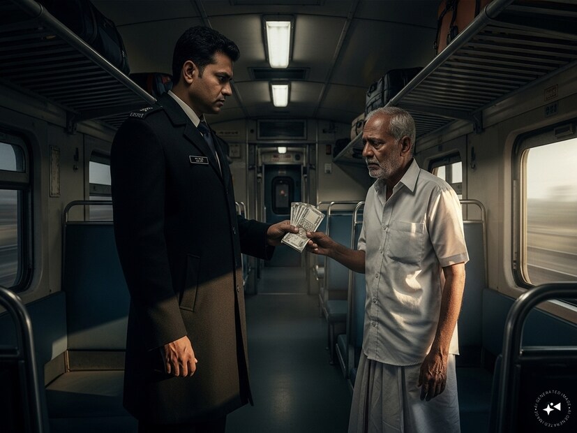 চলতি ট্রেনের ভিতরে লুকিয়ে তোলা একি ভিডিও৷ ভিডিয়োয় দেখা যাচ্ছে কালো কোট পরা স্থাস্থ্যবান এক টিকিট কালেক্টরকে৷ আর তার সামনেই সাদাপোশাক পরে দাঁড়িয়ে এক বৃদ্ধ৷ বৃদ্ধের হাতে এক তাড়া নোট...Generated image