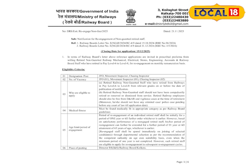 রেলওয়ে বোর্ডের তরফে রেলের অফিসিয়াল পোর্টাল https://er.indianrailways.gov.in এ বিজ্ঞপ্তি জারি করে পুনরায় নিয়োগের জন্য অবসরপ্রাপ্ত নন-গেজেটেড কর্মীদের থেকে আবেদন আহ্বান করা হয়েছে।(ছবি ও তথ্য: জিএম মোমিন)