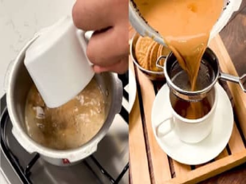 *মাঝারি আঁচে মাত্র দু'বার সিটি দিতে দিন। বেশি সিটি দিলে চা এতটাই শক্ত হয়ে যাবে যে আপনি পান করতে পারবেন না। তাৎক্ষণিকভাবে খুলবেন না, ৩-৪ মিনিট ঠান্ডা হতে দিন। এবার কুকারের ঢাকনা খুলে চা ছেঁকে নিন এবং একটি কাপে ঢেলে দিন। কড়া দুধের চা মাত্র দুটি সিটি প্রস্তুত।