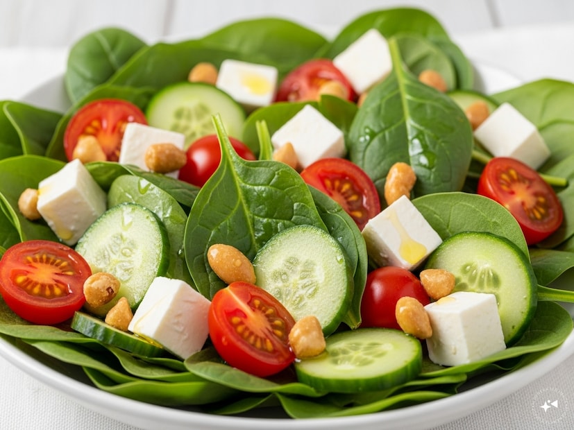 ৩. তাজা পালং স্যালাড (Fresh Spinach Salad)এই স্যালাড যেমন হালকা, তেমনই ফাইবারে ভরপুর। পালং পাতা, চেরি টমেটো, শসা, বাদাম আর অলিভ অয়েল মিশিয়ে নিন। চাইলে ফেটা চিজ বা পনির যোগ করুন অতিরিক্ত প্রোটিনের জন্য। 