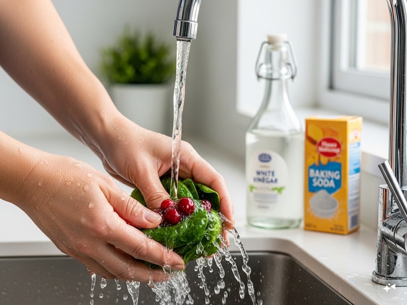 এর পর সেই জল ফেলে দিয়ে পরিষ্কার জলে কয়েকবার ধুয়ে নিতে হয়। ভিনিগার ও বেকিং সোডার উপাদান স্বাভাবিক ভাবেই জীবাণু, ধুলো এবং ক্ষুদ্র পোকা দূর করতে সাহায্য করে। 