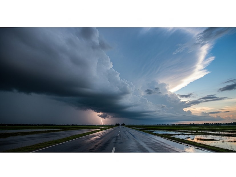 Generated image রবিবার থেকে দক্ষিণবঙ্গে ধীরে ধীরে আবহাওয়ার উন্নতি হবে। বৃষ্টির পরিমাণ কিছুটা কমলেও বেশিরভাগ জেলায় আংশিক মেঘলা আকাশ থাকবে, এবং দু’-এক পশলা বজ্রবিদ্যুৎ সহ হালকা বৃষ্টির সম্ভাবনাও উড়িয়ে দেওয়া যাচ্ছে না।