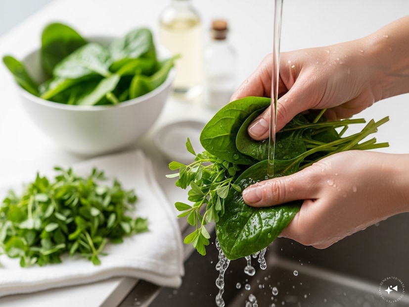 মেথি ও পালং আরও ভালোভাবে পরিষ্কার হবে কীভাবে:ভালোভাবে ধোওয়ার পর কিছুক্ষণ ছায়ায় শুকোতে দিন। ভিনিগার বা বেকিং সোডার উপাদান পাতার ময়লা, ধুলো, এমনকি পোকামাকড়ও পরিষ্কার করতে সাহায্য করে। ধোওয়া শুরুর আগে হাতও ভালো করে ধুয়ে নেওয়া উচিত।