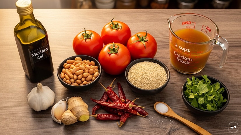 ঝোলের উপকরণ: ৪টি পাকা টমেটো | ২ টেবিল চামচ ভাজা বাদাম | ১ টেবিল চামচ তিল | ৪-৫টি শুকনো লাল মরিচ | ২টি কোয়া রসুন | ১টি ছোট আদা | ১ টেবিল চামচ সরিষার তেল (আসল স্বাদের জন্য) | ২ কাপ মুরগির স্টক (সাধারণ জলের পরিবর্তে) | স্বাদমতো লবণ | সাজানোর জন্য তাজা ধনে পাতা (ছবি: এআই-জেনারেটেড)