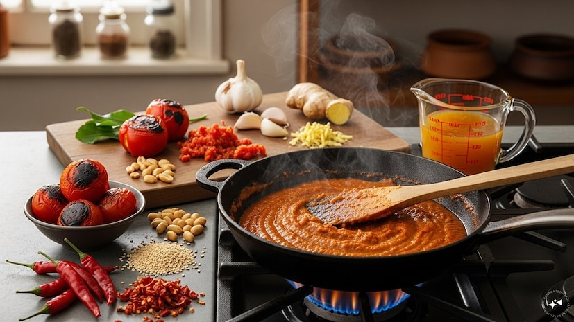 ঝোল তৈরি করুন: টোম্যাটো, বাদাম, তিল, মরিচ, রসুন এবং আদা ভাজুন। মসৃণ পেস্ট তৈরি করুন। একটি প্যানে সরিষার তেল গরম করুন, পেস্টটি যোগ করুন এবং ৫-৭ মিনিট রান্না করুন। মুরগির স্টক যোগ করুন এবং পাতলা, সুস্বাদু ঝোল না হওয়া পর্যন্ত সিদ্ধ করুন। 