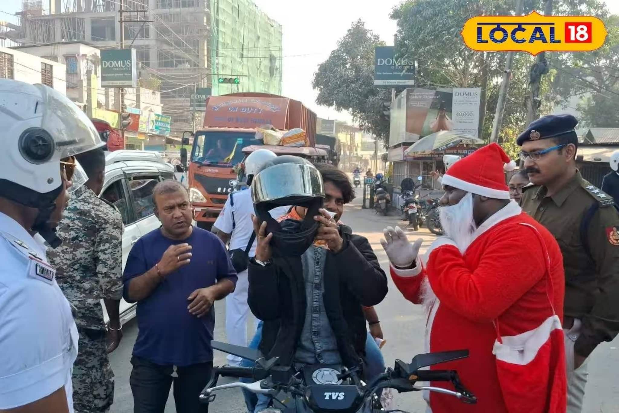 শিলিগুড়ির রাস্তায় 'সান্তা পুলিশ'! বড়দিনের আগে অভিনব হেলমেট অভিযান