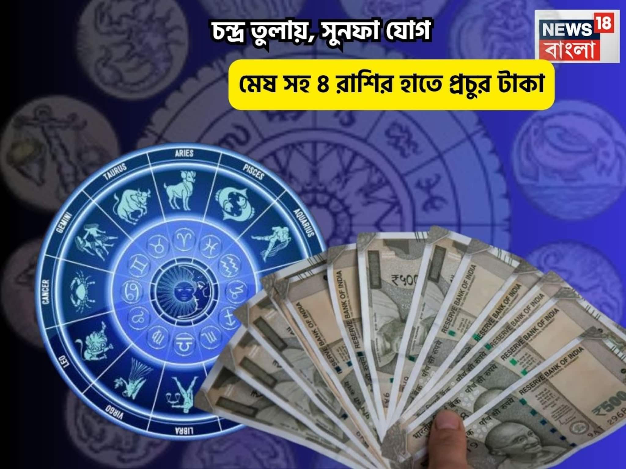 ভাগ্য হাতের মুঠোয়, আপনি রাজা! চন্দ্র তুলায়, সুনফা যোগে মেষ সহ ৪ রাশির হাতে প্রচুর টাকা ভাগ্য হাতের মুঠোয়, আপনি রাজা! চন্দ্র তুলায়, সুনফা যোগে মেষ সহ ৪ রাশির হাতে প্রচুর টাকা
