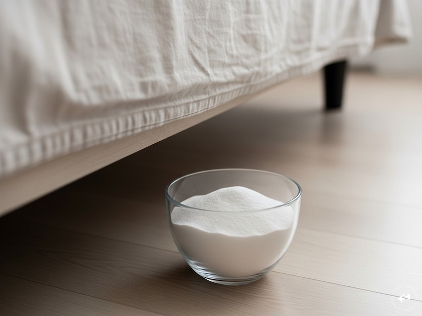  একটি পরিষ্কার, শুকনো কাচ, সিরামিক, অথবা পুরু প্লাস্টিকের কাপ বা ছোট বাটি নিন। এতে প্রায় আধ কাপ বেকিং সোডা ঢেলে দিন। পাউডারটি আলতো করে ছড়িয়ে দিন যাতে এটি একটি সমতল পৃষ্ঠ তৈরি করে। তারপর এটি বিছানার নীচে রাখুন যেখানে এটিতে পা না লাগে। অনেকে এটি বিছানার মাঝখানে, তাদের বুকের নীচে রাখেন, তাই এটি তাদের শ্বাস-প্রশ্বাসের জায়গার নিকটতম অংশে সরাসরি প্রভাব ফেলে। প্রতি 3 থেকে 4 সপ্তাহ অন্তর এটি পরিবর্তন করতে ভুলবেন না।