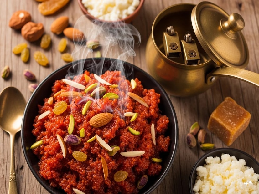 তার পর ভাজা গাজরের সঙ্গে দুধ যোগ করতে হবে। মাঝারি আঁচে রান্না করতে হবে, ক্রমাগত নাড়তে হবে যতক্ষণ না গাজর নরম হয়। দুধ ঘন হতে শুরু করলে, খেজুর বাটা, এলাচ গুঁড়ো এবং কুচানো বাদাম যোগ করতে হবে। আরও ২-৩ মিনিট ধরে হালুয়া রান্না করতে হবে। কিশমিশ যোগ করতে হবে এবং পরিবেশন করতে হবে।