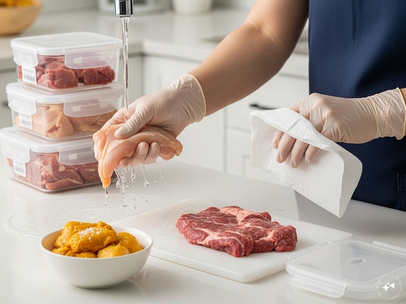 সংরক্ষণের আগে কোন বিষয়গুলি মাথায় রাখা প্রয়োজন?– মুরগি বা মাটন ফ্রিজে রাখার আগে ভালোভাবে ধুয়ে রক্ত পরিষ্কার করতে হবে। – সংরক্ষণের আগে মাংস সম্পূর্ণ শুকিয়ে নিয়ে বায়ুরোধী ডিবেতে রাখতে হবে। – সবসময় মাংস ফ্রিজারের কম তাপমাত্রায় রাখা উচিত। তাপমাত্রা যত কম হবে, খাবার তত নিরাপদ থাকবে। – নোট: মুরগির মাংস এক সপ্তাহ পর্যন্ত ফ্রিজে রাখতে চাইলে তা হলুদ ও লবণ দিয়ে মেরিনেট করে রাখা যেতে পারে।