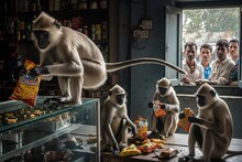 শোকেসের উপর বসে দেদার সাবাড় কুরকুরে, বিস্কুট! সুন্দরবনের হনুমানদের তাণ্ডবে অস্থির সবাই