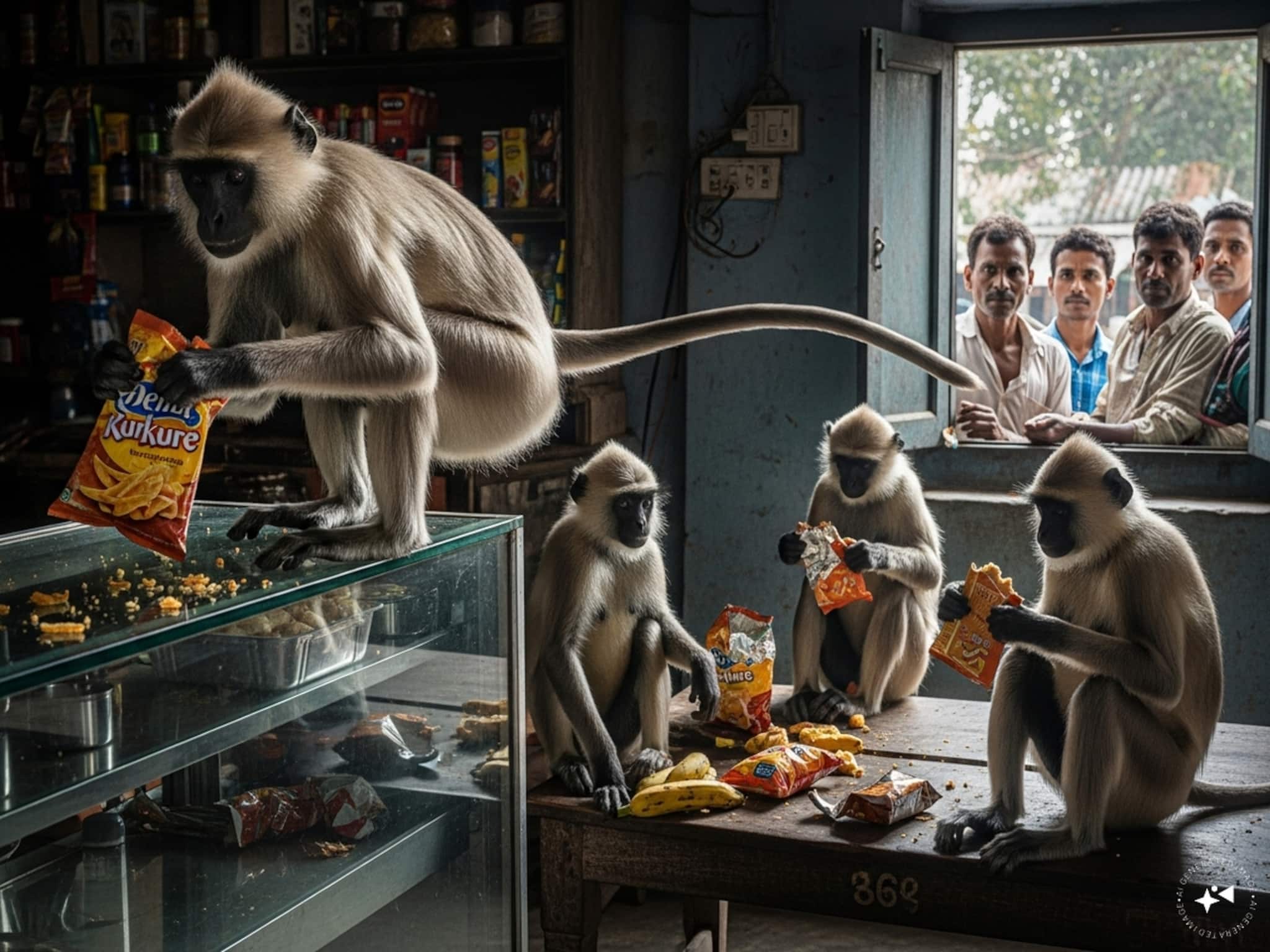 শোকেসের উপর বসে দেদার সাবাড় কুরকুরে, বিস্কুট! সুন্দরবনের হনুমানদের তাণ্ডবে অস্থির সবাই