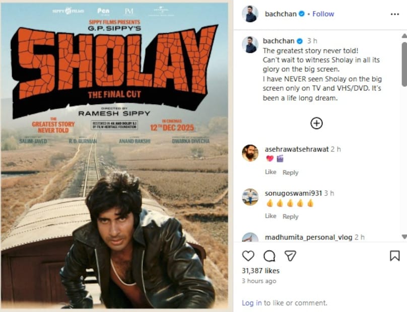 ১১ ডিসেম্বর, বৃহস্পতিবার, অভিষেক ইনস্টাগ্রামে 'শোলে - দ্য ফাইনাল কাট'-এর পোস্টার শেয়ার করে ক্যাপশনে লিখেছেন, 'সেরা গল্প যা কখনও বলা হয়নি। 'শোলে'-কে বড় পর্দায় দেখার জন্য অধীর আগ্রহে অপেক্ষা করছি। আমি 'শোলে'-কে বড় পর্দায় কখনও দেখিনি, কেবল টিভি এবং ভিএইচএস/ডিভিডিতে। এটি আমার জীবনের স্বপ্ন।'