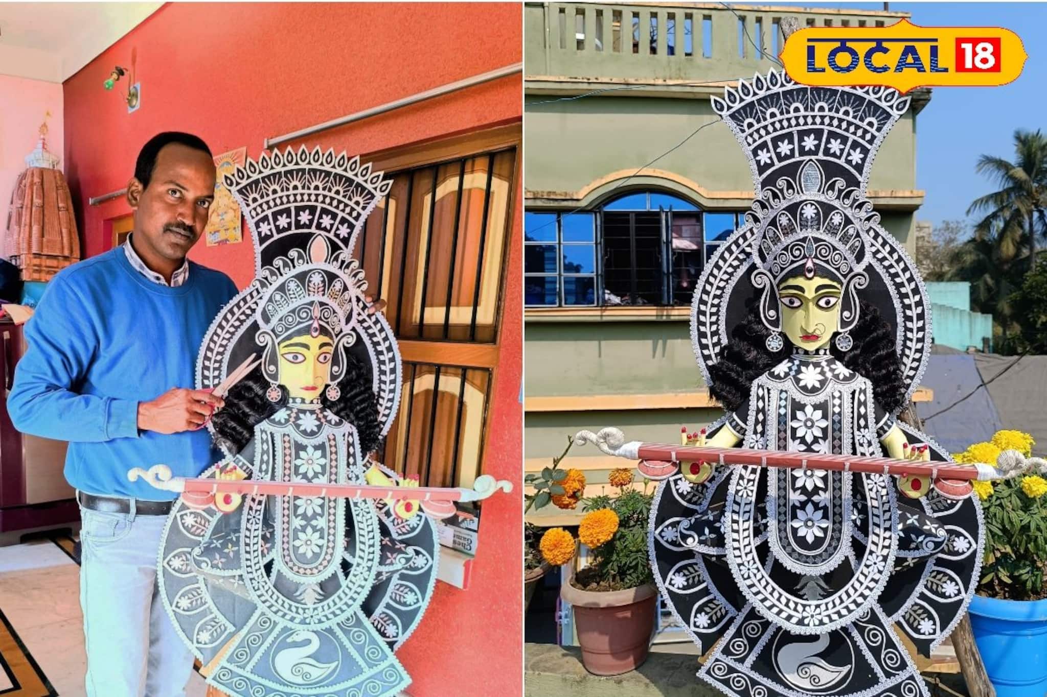 বাগদেবীর এমন পরিবেশবান্ধব রূপ আগে দেখেননি! কেবল আর্ট পেপার ও সুতোয় ৪ ফুটের সরস্বতী