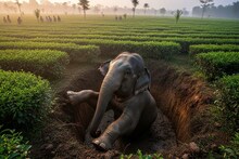 ভোর থেকেই আতঙ্ক! চা বাগানের গর্তে পড়ে হিমশিম খাচ্ছে হাতি... তুমুল আতঙ্ক জলপাইগুড়িতে