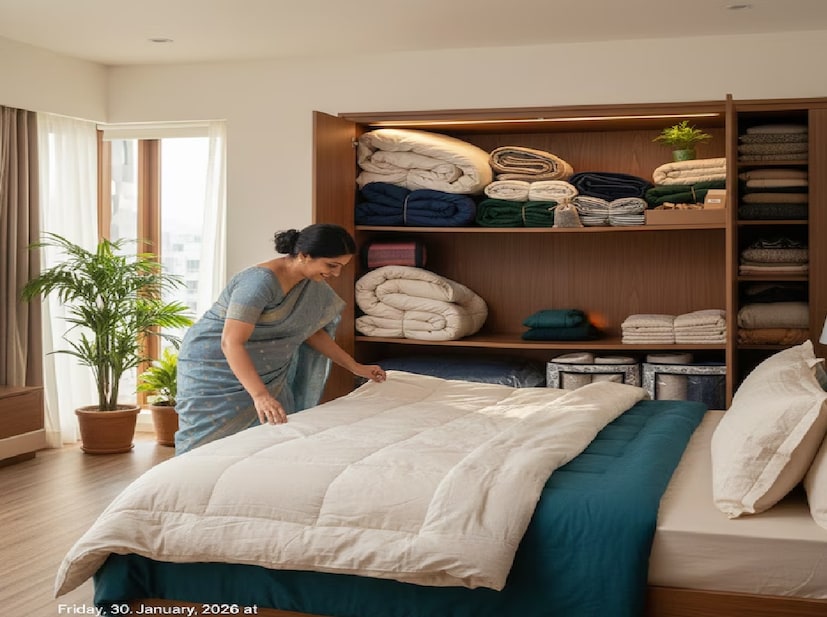 শীতকালে ভারী লেপ আর কম্বল যেমন ভরসা, গরম পড়তেই সেগুলো সংরক্ষণ করাই বড় ঝামেলা হয়ে দাঁড়ায়। ছোট আলমারিতে এই ভারী কম্বল-লেপ রাখলে প্রায় সব জায়গাই দখল হয়ে যায়, দৈনন্দিন জামাকাপড় রাখার জায়গা থাকে না। উপরন্তু ভুলভাবে রাখলে স্যাঁতসেঁতে ভাব বা দুর্গন্ধের সমস্যাও দেখা দেয়। তবে কিছু বুদ্ধিদীপ্ত স্টোরেজ কৌশল মেনে চললে অল্প জায়গাতেই সুন্দরভাবে রাখা সম্ভব এই শীতের সামগ্রী। শীতকালে ভারী লেপ আর কম্বল যেমন ভরসা, গরম পড়তেই সেগুলো সংরক্ষণ করাই বড় ঝামেলা হয়ে দাঁড়ায়। ছোট আলমারিতে এই ভারী কম্বল-লেপ রাখলে প্রায় সব জায়গাই দখল হয়ে যায়, দৈনন্দিন জামাকাপড় রাখার জায়গা থাকে না। উপরন্তু ভুলভাবে রাখলে স্যাঁতসেঁতে ভাব বা দুর্গন্ধের সমস্যাও দেখা দেয়। তবে কিছু বুদ্ধিদীপ্ত স্টোরেজ কৌশল মেনে চললে অল্প জায়গাতেই সুন্দরভাবে রাখা সম্ভব এই শীতের সামগ্রী।