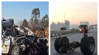 দুর্ঘটনায় দুমড়ে মুচড়ে যাওয়া এসইউভি৷ (ডানদিকে) রাস্তায় পড়ে রয়েছে ট্রাকের খুলে আসা চাকা৷