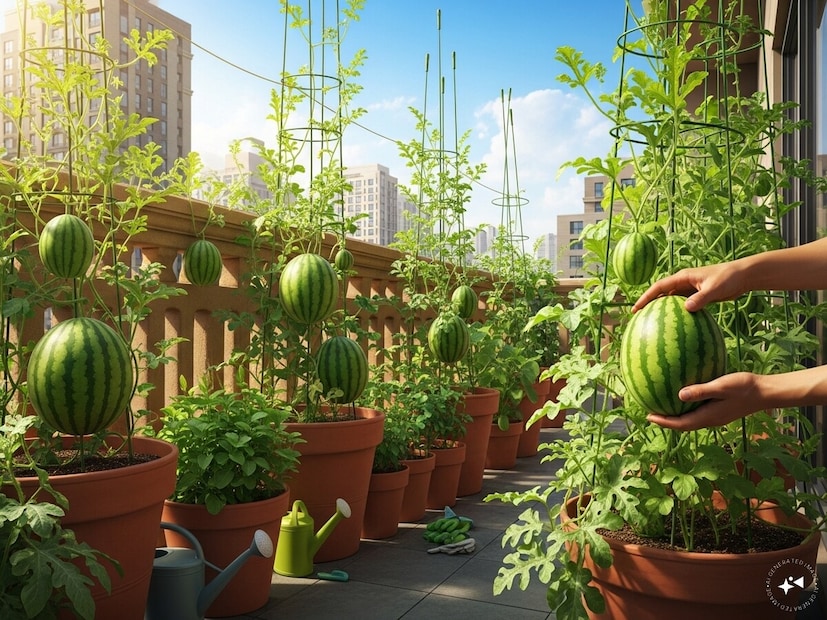 *গ্রীষ্মের রোদে শরীরকে জলশূন্যতা থেকে রক্ষা করার জন্য তরমুজ দারুণ এক বিকল্প। তবে, বাজার থেকে সবসময় কিনে না রেখে, যদি আমরা আমাদের বাড়ির ছাদে বা বাগানে জৈব পদ্ধতিতে তরমুজ চাষ করা যায়, তাহলে তার স্বাদ যেমন ভাল হবে, তেমনই থাকবে না কোনও কীটনাশক পেটে যাওয়ার ভয়। অনেকেই মনে করেন, তরমুজ চাষ করতে অনেক জায়গার প্রয়োজন হয়। কিন্তু তা মোটেই সঠিক নয়, সঠিক পদ্ধতি অনুসরণ করলে সহজেই টবের মধ্যে এই রসাল ফল চাষ করতে পারেন। ছবিঃ এআই। 