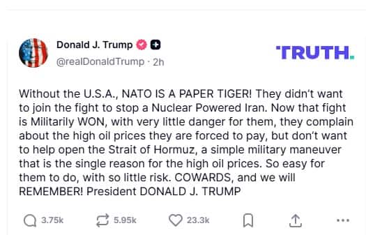 ট্রাম্প ন্যাটোকে তোপ দাগলেন Photo Courtesy- Donald Trump/ Truth Account 