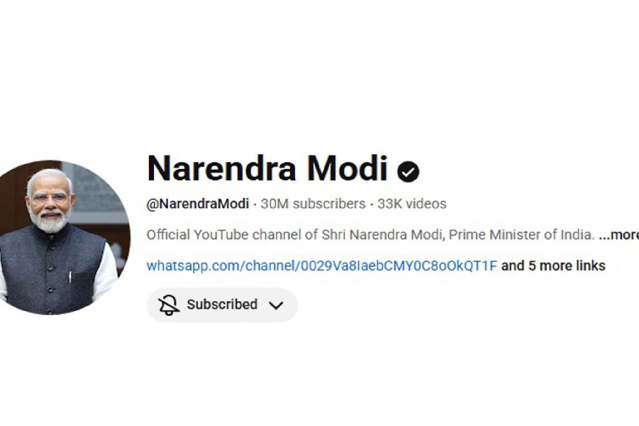 ৩ কোটি এবং ক্রমবর্ধমান ! প্রধানমন্ত্রী মোদির ইউটিউবে সাবস্ক্রাইবারের সংখ্যায় নতুন মাইলফলক ৩ কোটি এবং ক্রমবর্ধমান ! প্রধানমন্ত্রী মোদির ইউটিউবে সাবস্ক্রাইবারের সংখ্যায় নতুন মাইলফলক