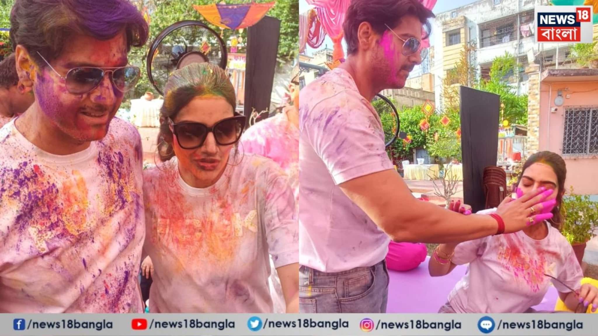 Yash-Nusrat Holi: হোলি হ্যায়! নুসরতের মুখে রং লাগাতেই রেগে গেলেন অভিনেত্রী, জড়িয়ে ধরে স্বামী যশ বললেন...'রং বরসে'!