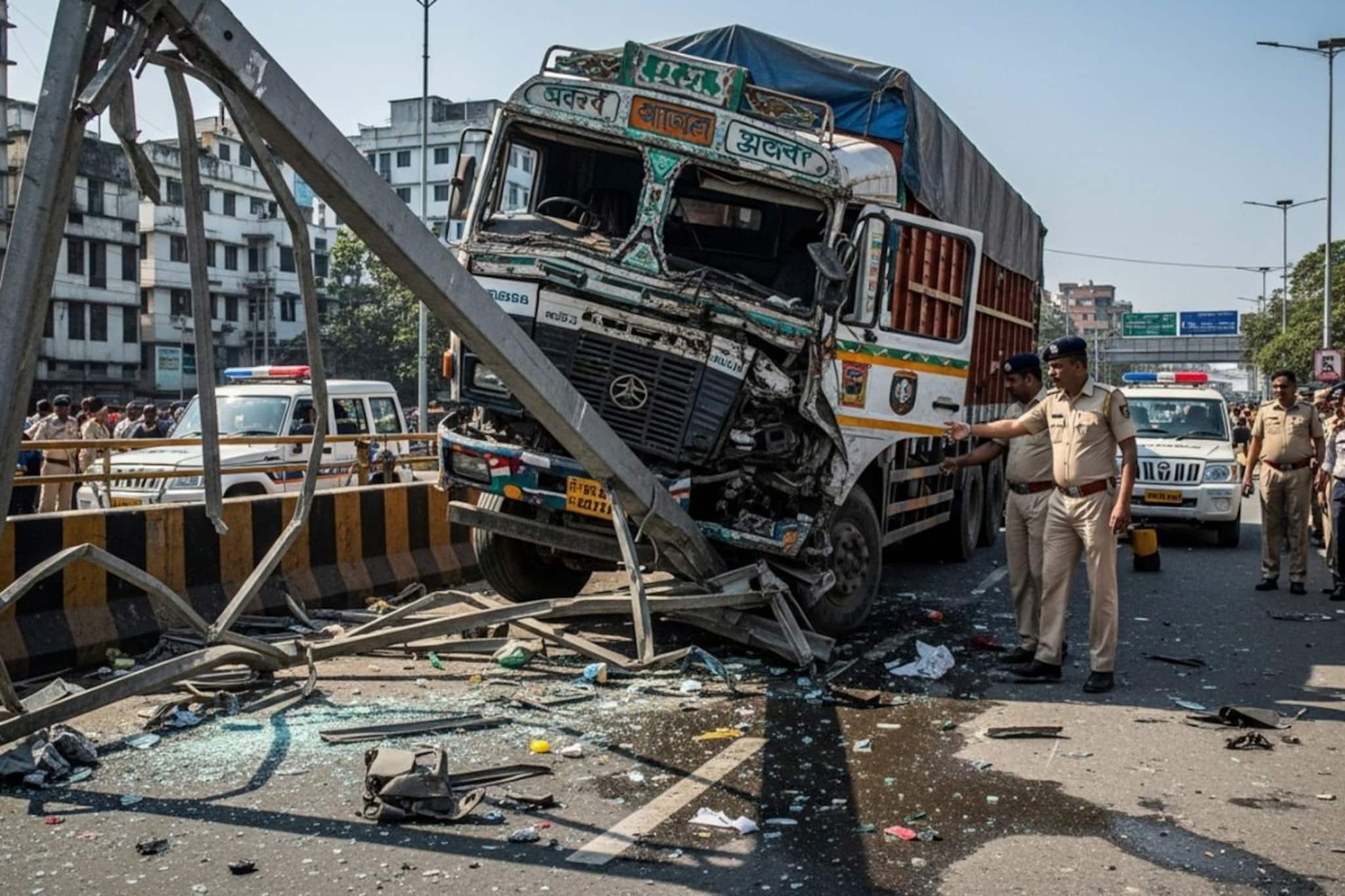  উল্টোডাঙায় হাইট বার ভেঙে ঢুকে পড়ল লরি! ক্যানাল রোডে বিশাল ধাক্কা! চালক-গাড়ি আটক পুলিশের 