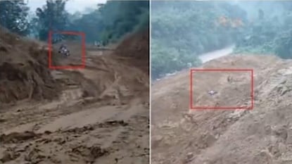 অরুণাচলে মোটরসাইকেল আরোহীকে নিয়ে তলিয়ে যাচ্ছে আস্ত রাস্তা৷ 