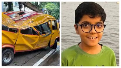 দুর্ঘটনাগ্রস্ত সেই স্কুল বাস (বাঁদিকে)৷ মৃত ভিহান শ্রীবাস্তব৷ 