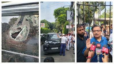ভবানী ভবনের সামনে গাড়ি নিয়ে কুণাল ঘোষ৷ 