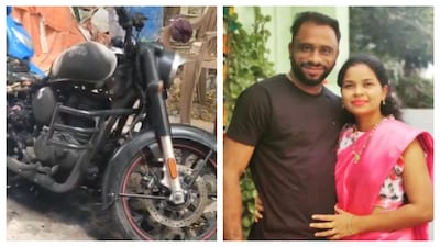 বিজেপি নেতা মুনিরাজু এবং তাঁর স্ত্রী প্রশান্থি৷ (বাঁদিকে) পুড়ে যাওয়া মোটরসাইকেল৷ 