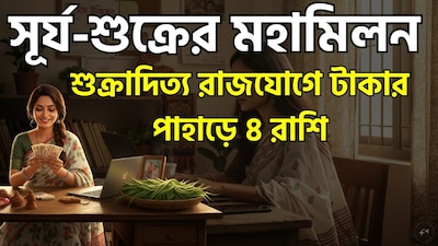 শুক্র ও সূর্যের মিলনে গঠিত 'শুক্রাদিত্য রাজযোগ' চারটি রাশির জাতক-জাতিকাদের জন্য শুভ ফল বয়ে আনবে। মেষ, কর্কট, কন্যা এবং তুলা রাশির জাতকরা এর সুফল পেতে পারেন। এই ভাগ্যবান রাশিগুলোর ক্ষেত্রে আর্থিক সাফল্য অর্জিত হওয়ার সম্ভাবনা রয়েছে। ছবি সৌজন্যে এআই ৷