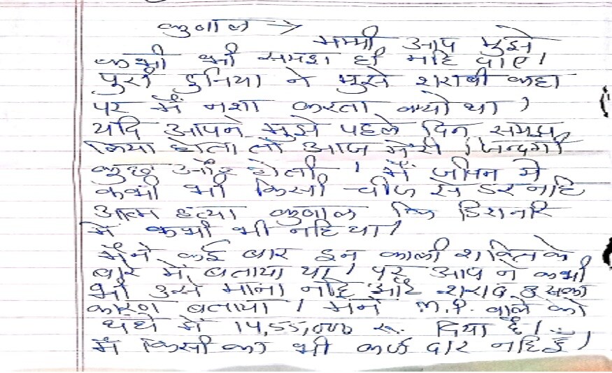 પોલીસને મળેલી સૂસાઇડ નોટમાં મૃતક કુણાલ ત્રિવેદીએ હિન્દી ભાષામાં લખ્યું છે કે "કુણાલ મમ્મી આપ મુઝે કભીભી સમજ નહીં પાયે. " પોલીસને મળેલી સૂસાઇડ નોટમાં મૃતક કુણાલ ત્રિવેદીએ હિન્દી ભાષામાં લખ્યું છે કે "કુણાલ મમ્મી આપ મુઝે કભીભી સમજ નહીં પાયે. "