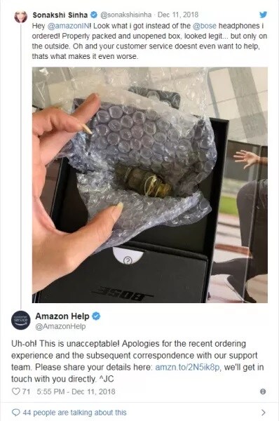 જોકે બાદમાં AmazonHelp દ્વારા ટ્વિટર પર માફી માંગવામાં આવી હતી અને સોનાક્ષીની ટ્વિટનો જવાબ દેતા કહેવામાં આવ્યું હતું કે “ઓહ! આ અસ્વીકાર્ય છે. તમારા ઓર્ડર અને કસ્ટમર કેરના ખરાબ અનુભવ બદલ માફી માંગીએ છીએ. તમારી ડિટેલ્સ જણાવો જેથી અમે તમને મદદ કરી શકીએ” જોકે બાદમાં AmazonHelp દ્વારા ટ્વિટર પર માફી માંગવામાં આવી હતી અને સોનાક્ષીની ટ્વિટનો જવાબ દેતા કહેવામાં આવ્યું હતું કે “ઓહ! આ અસ્વીકાર્ય છે. તમારા ઓર્ડર અને કસ્ટમર કેરના ખરાબ અનુભવ બદલ માફી માંગીએ છીએ. તમારી ડિટેલ્સ જણાવો જેથી અમે તમને મદદ કરી શકીએ”