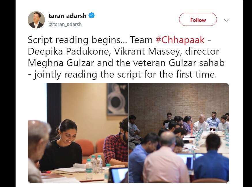 આવું પહેલી વખત બન્યુ છે જ્યારે કોઇ ફિલ્મની સ્ક્રિપ્ટ આખી ટીમે સાથે મળીને વાંચી હોય. આ તસવીર અને ટ્વિટ ટ્રેડ એનાલિસ્ટ તરણ આદર્શે તેમનાં ટ્વિટર પેજ પર કરી છે. આવું પહેલી વખત બન્યુ છે જ્યારે કોઇ ફિલ્મની સ્ક્રિપ્ટ આખી ટીમે સાથે મળીને વાંચી હોય. આ તસવીર અને ટ્વિટ ટ્રેડ એનાલિસ્ટ તરણ આદર્શે તેમનાં ટ્વિટર પેજ પર કરી છે.